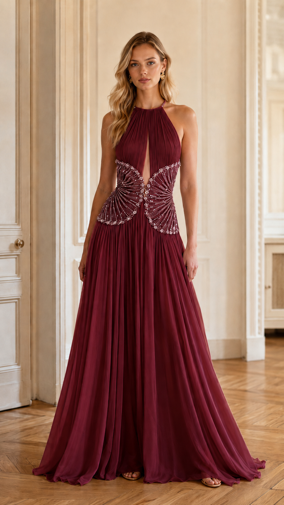 Embellished Halter Neck Evening Maxi Dress