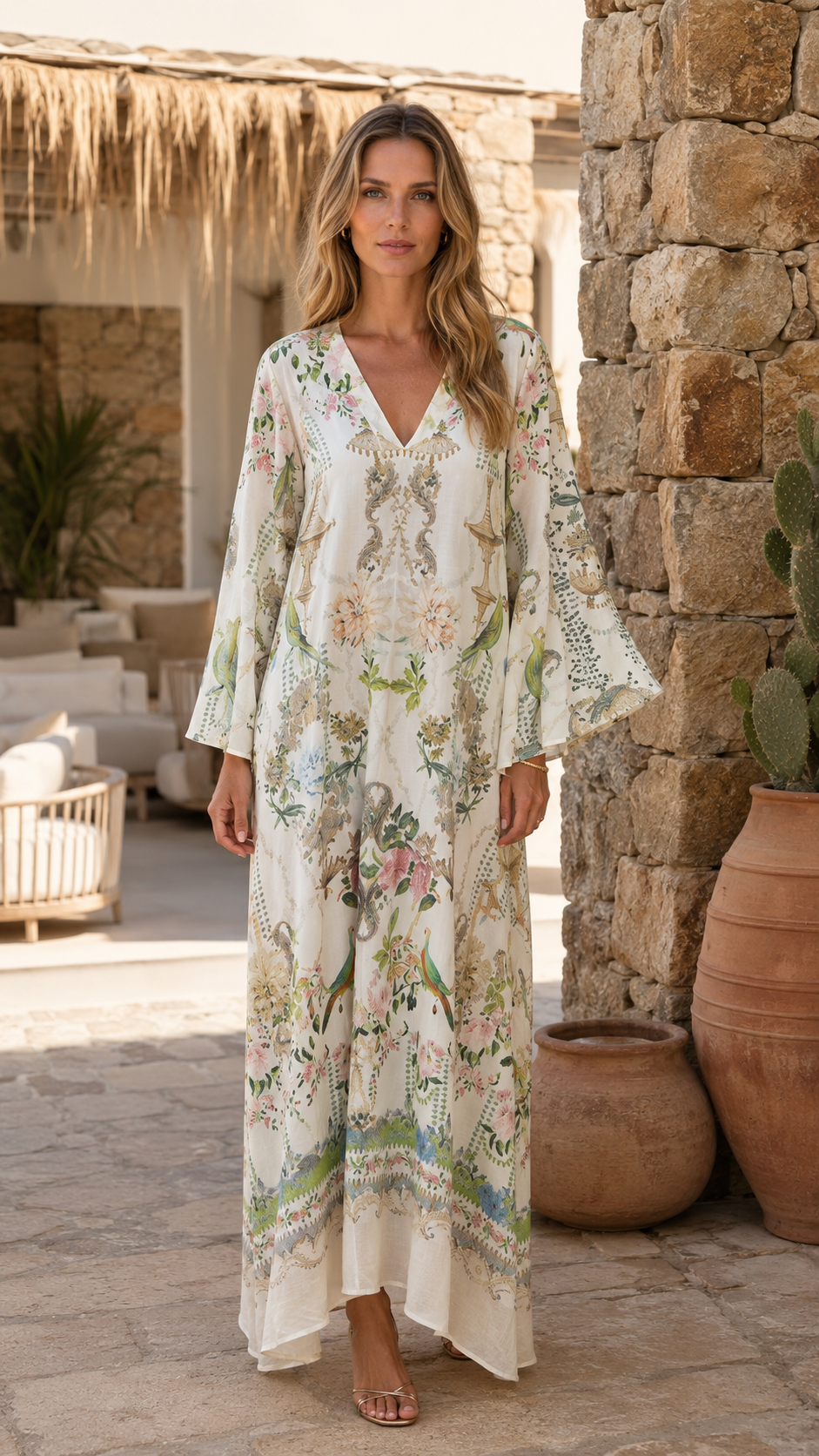 Vintage Print Loose Fit Long Sleeve Maxi Dress