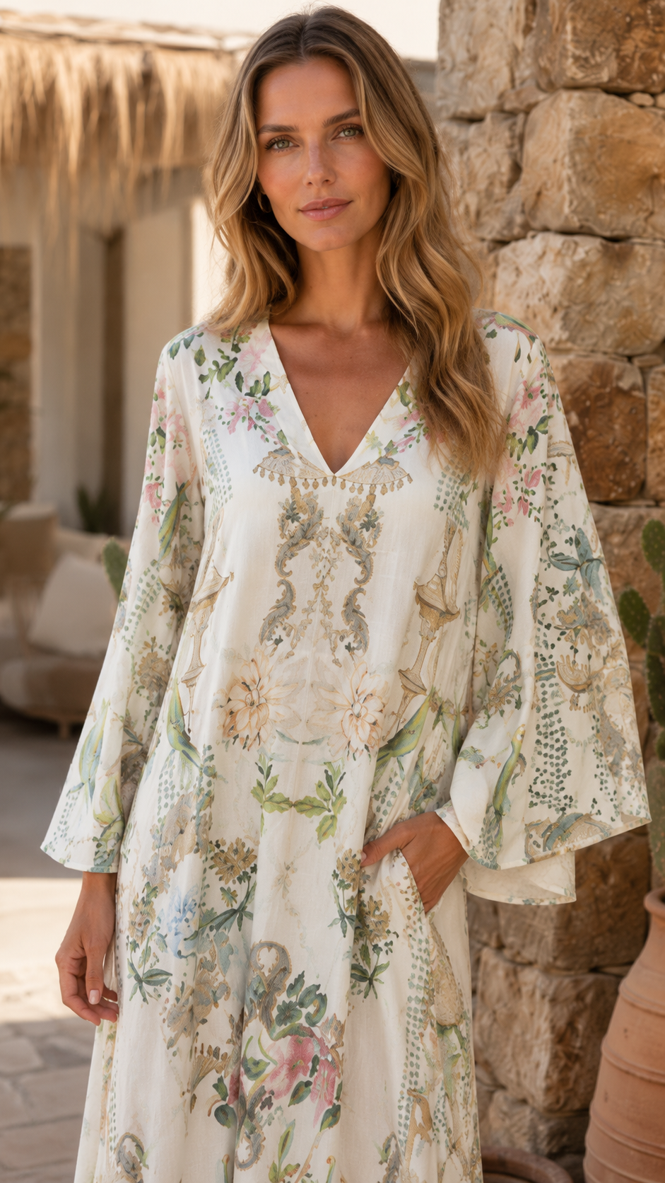Vintage Print Loose Fit Long Sleeve Maxi Dress