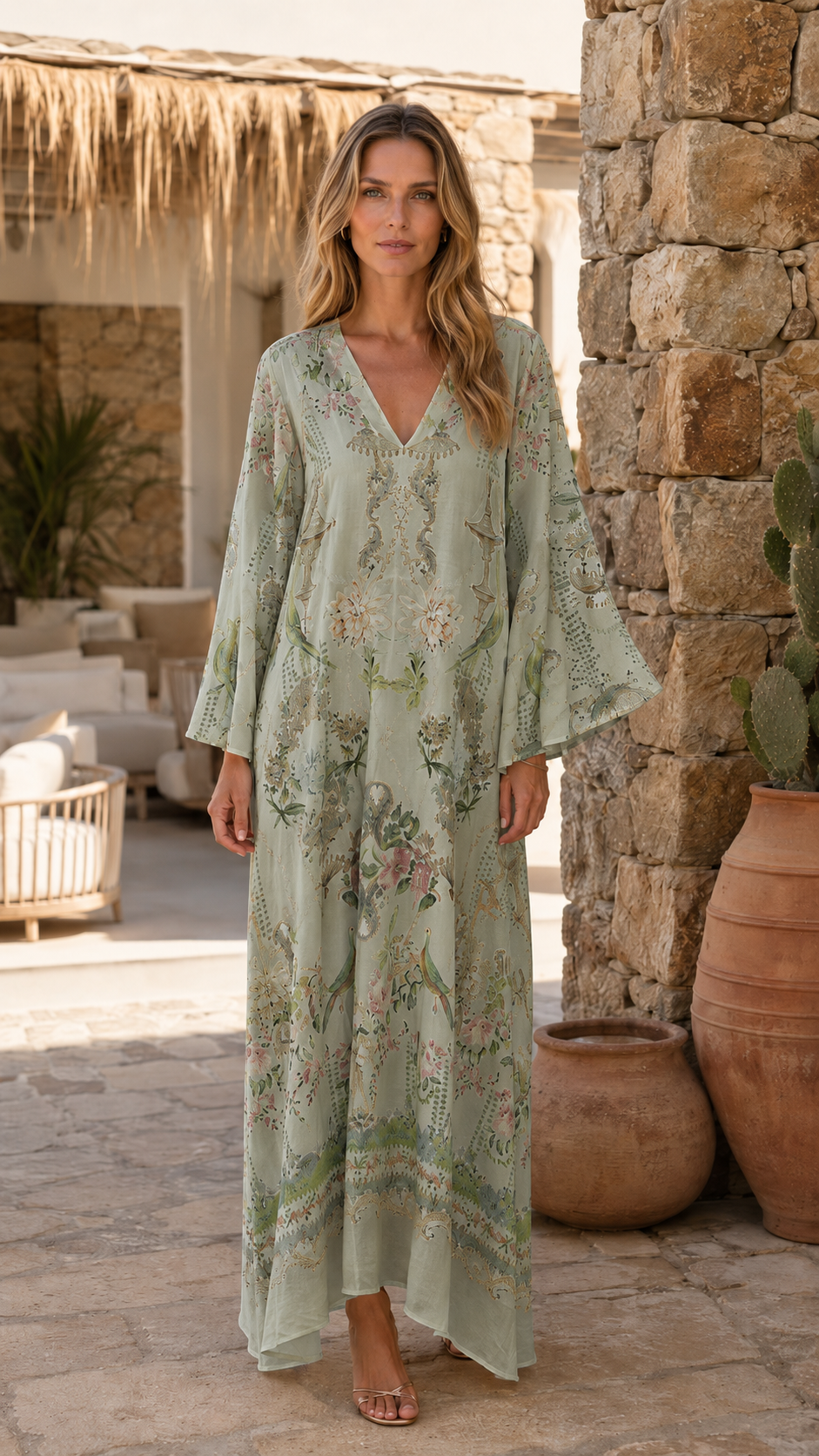 Vintage Print Loose Fit Long Sleeve Maxi Dress