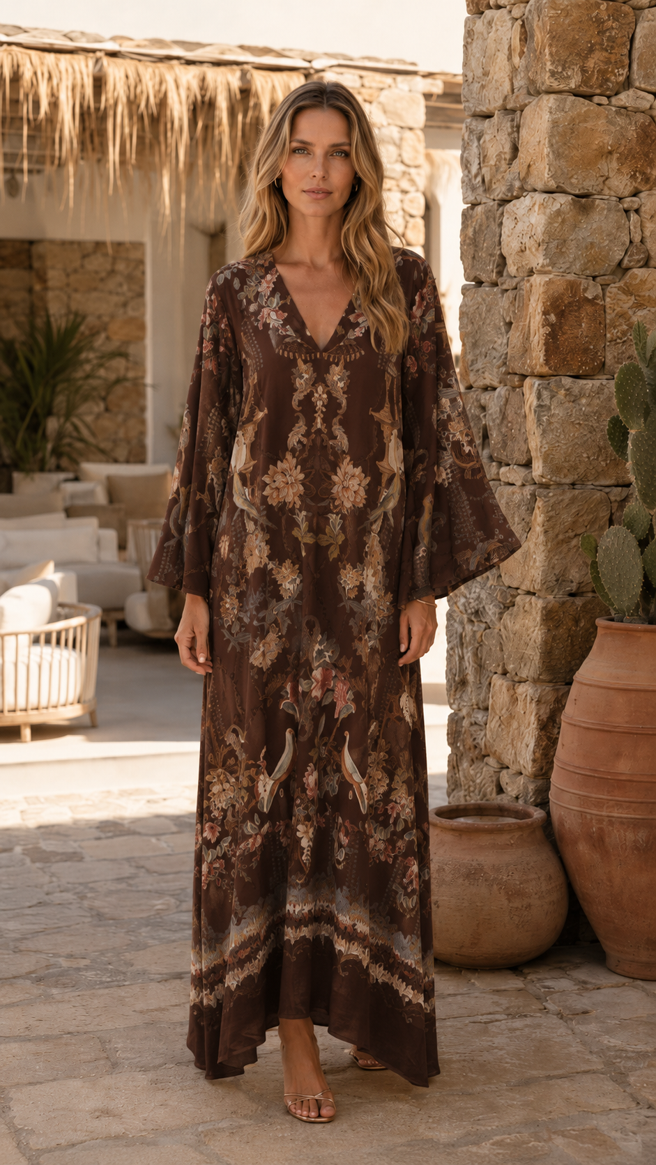 Vintage Print Loose Fit Long Sleeve Maxi Dress