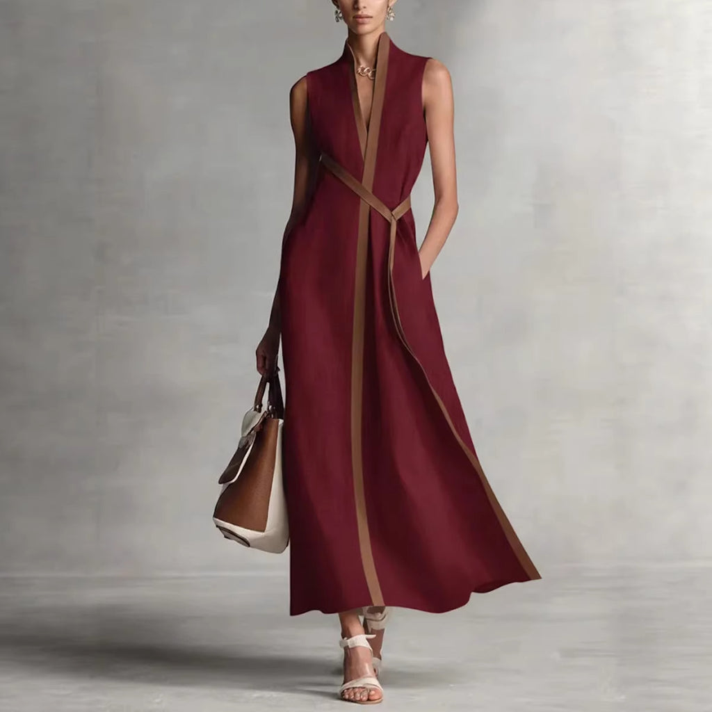 Elegant Contrast Trim Sleeveless Linen-Blend Maxi Dress