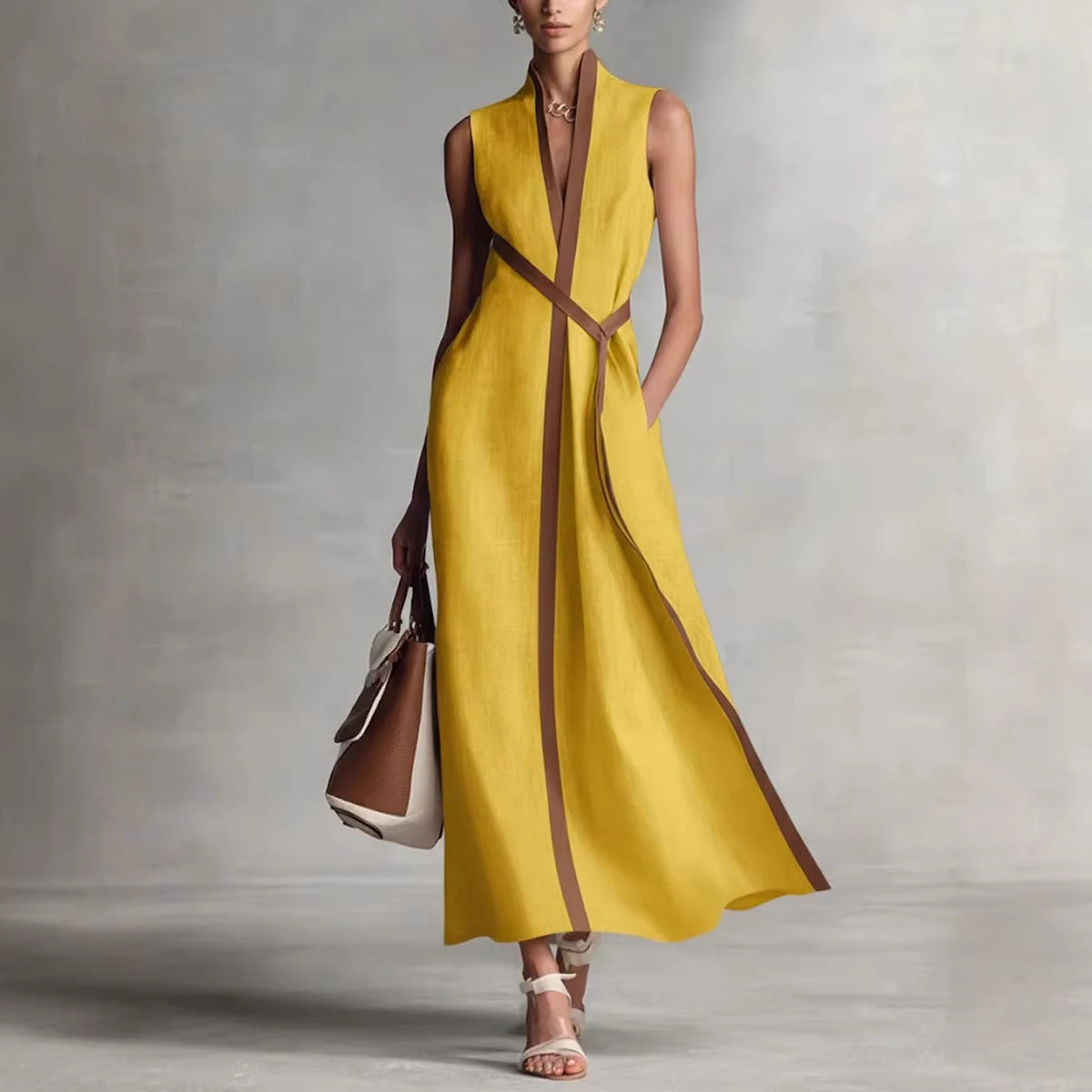 Elegant Contrast Trim Sleeveless Linen-Blend Maxi Dress