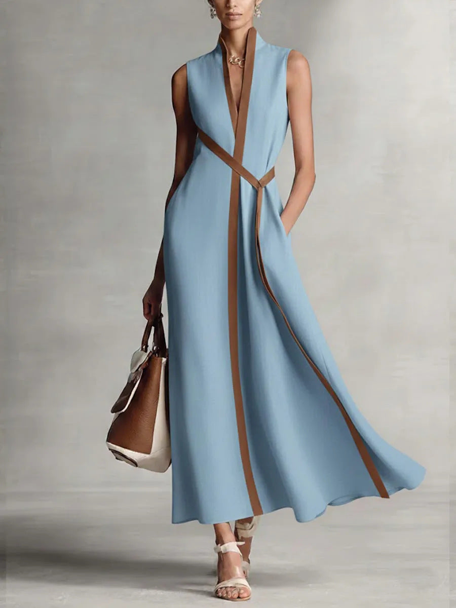 Elegant Contrast Trim Sleeveless Linen-Blend Maxi Dress