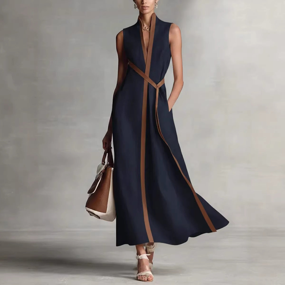 Elegant Contrast Trim Sleeveless Linen-Blend Maxi Dress