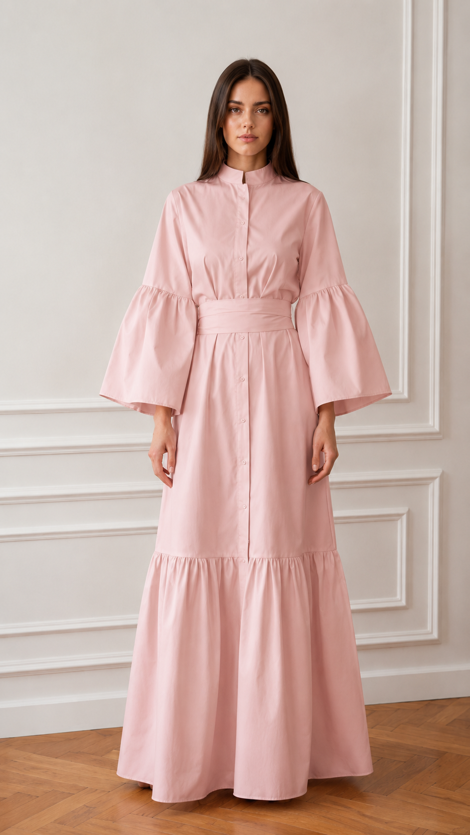 Women's Elegant Mandarin Collar Bell Sleeve Maxi Dress