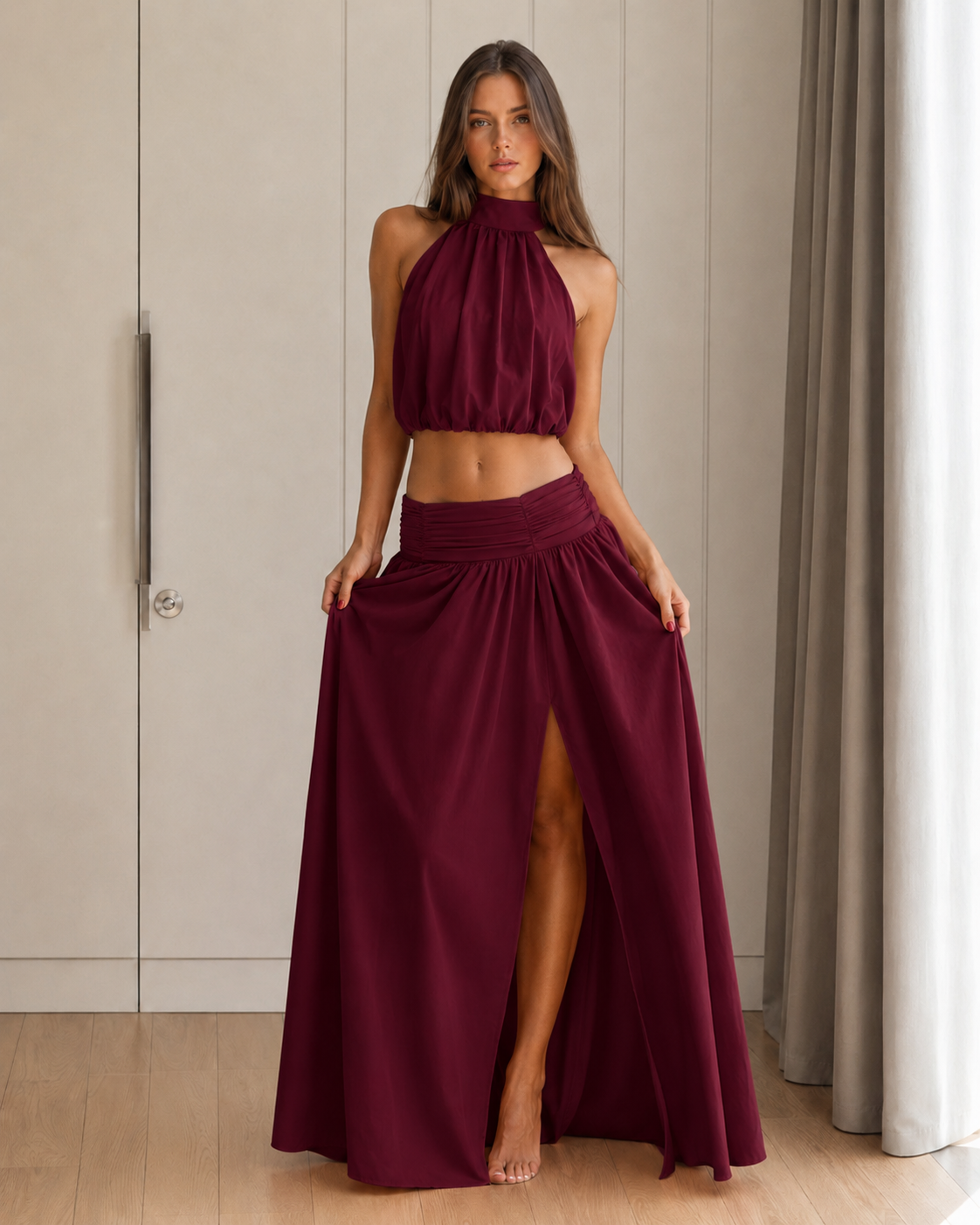 halter crop top and maxi skirt two-piece set