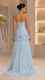 strapless 3D floral appliqué evening gown