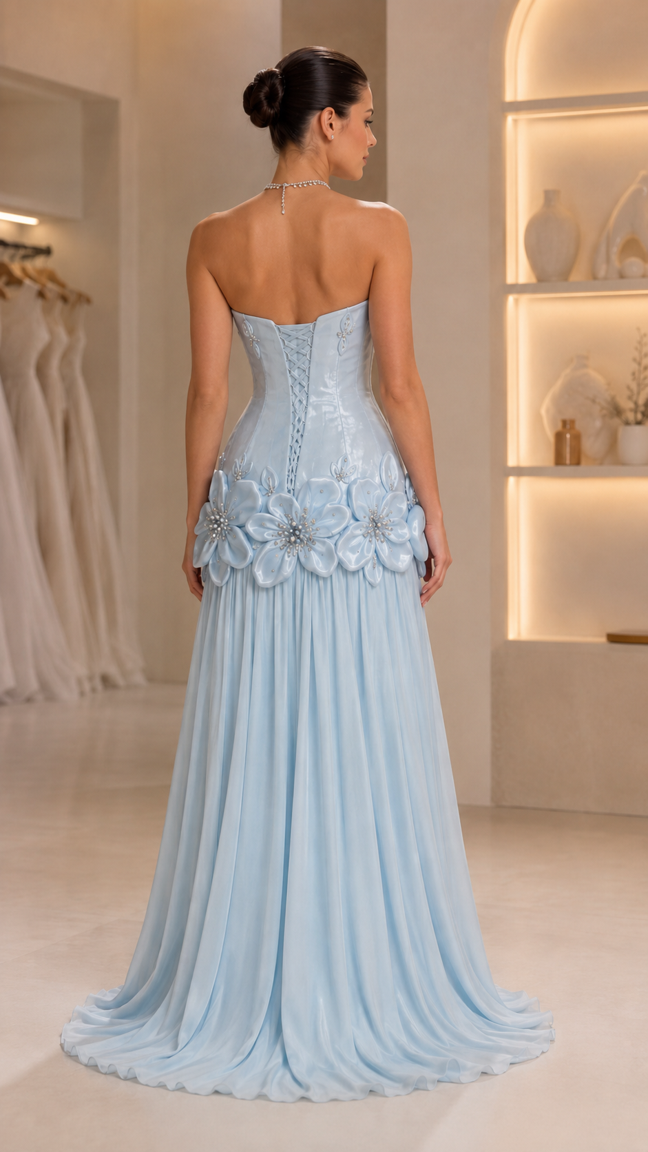 strapless 3D floral appliqué evening gown