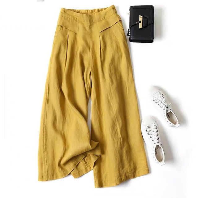 Women's Culottes Wide Leg Pants Trousers 100% Cotton Black White Yellow High Waist Casual Lounge Casual Daily Holiday Pocket Full Length Comfort Plain M L XL XXL 3XL