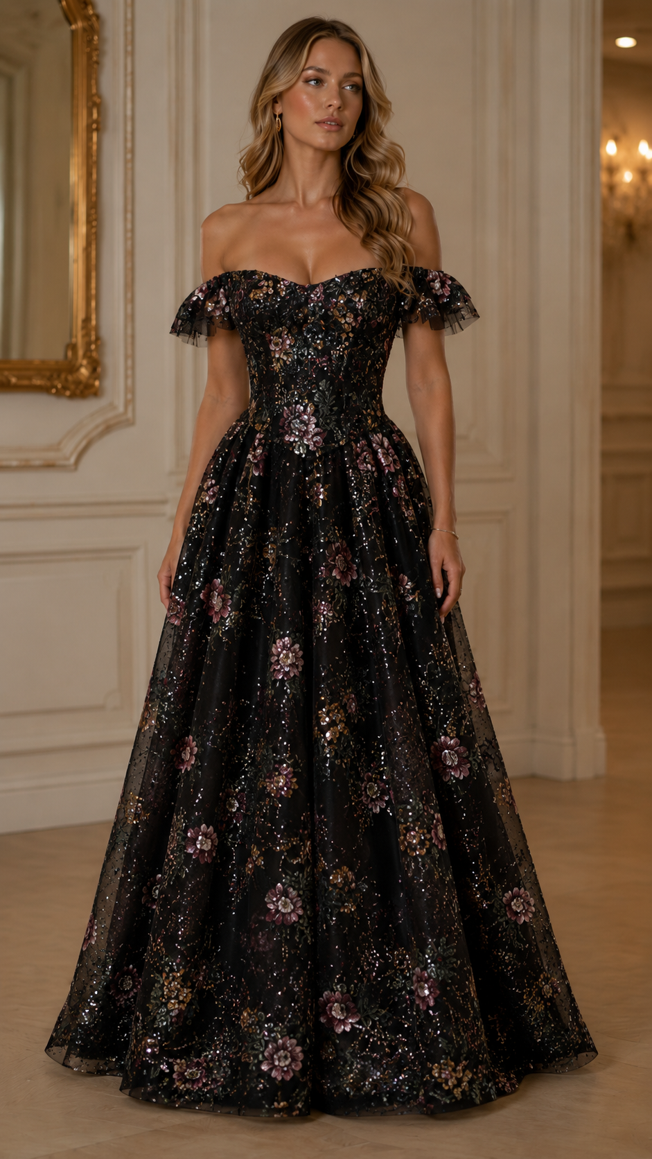 Floral Sequin Off Shoulder Ball Gown