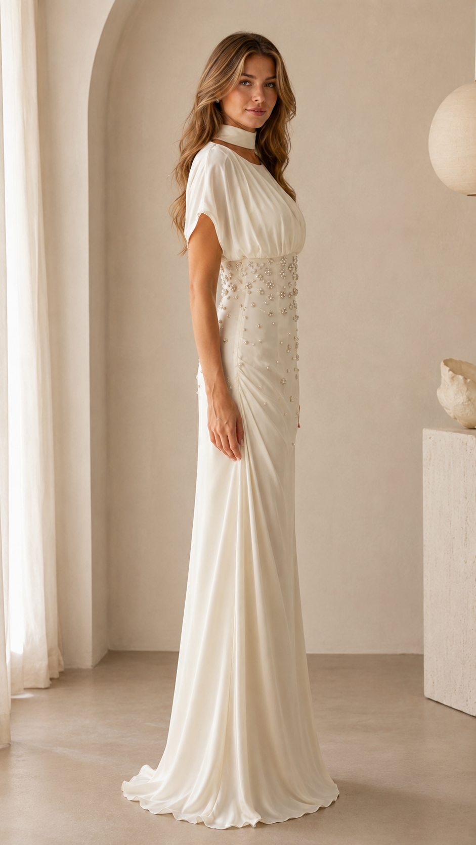 Women's Elegant Beaded Maxi Dress with High Neck & Draped Waist