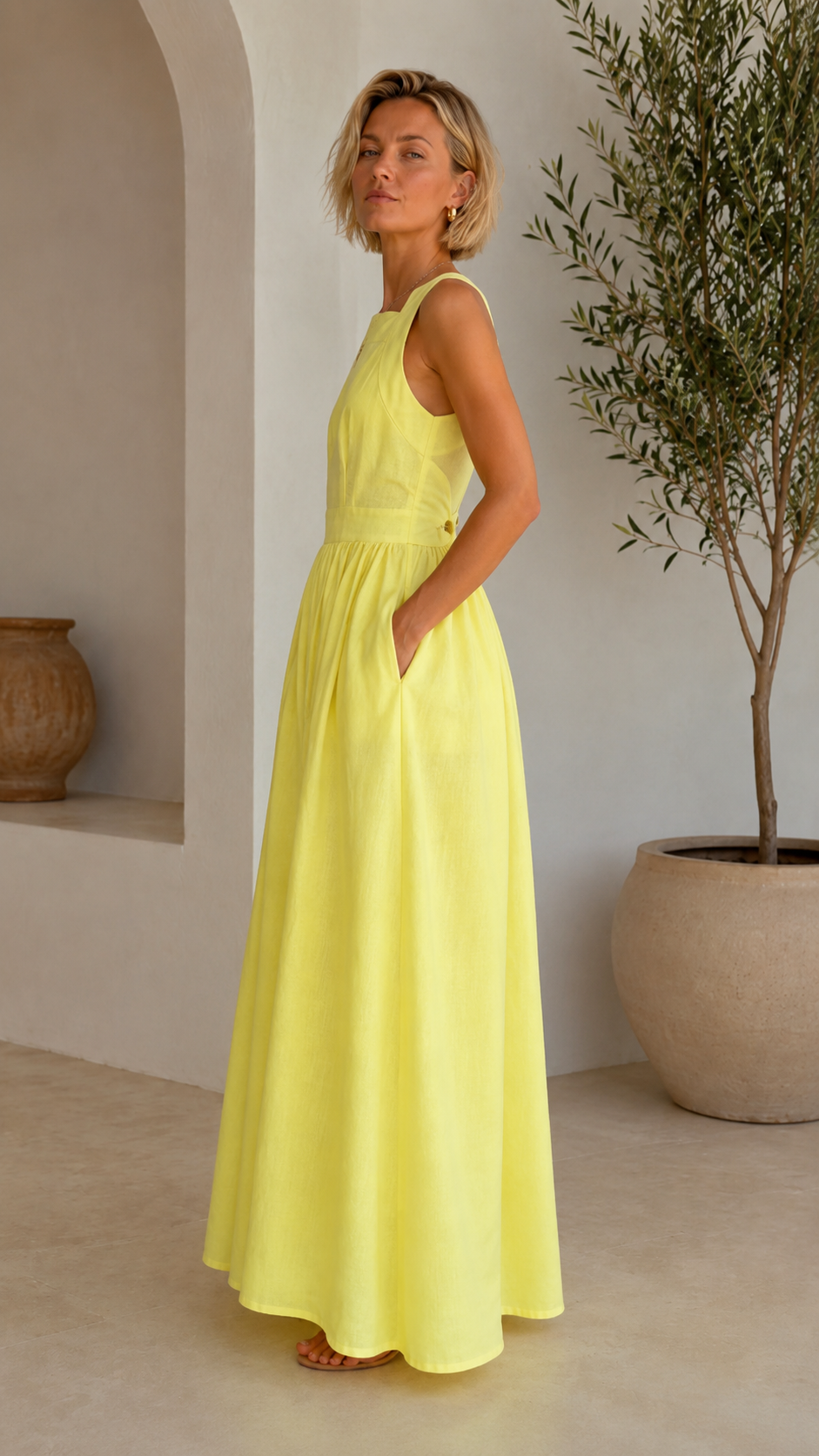 sleeveless linen-blend maxi dress