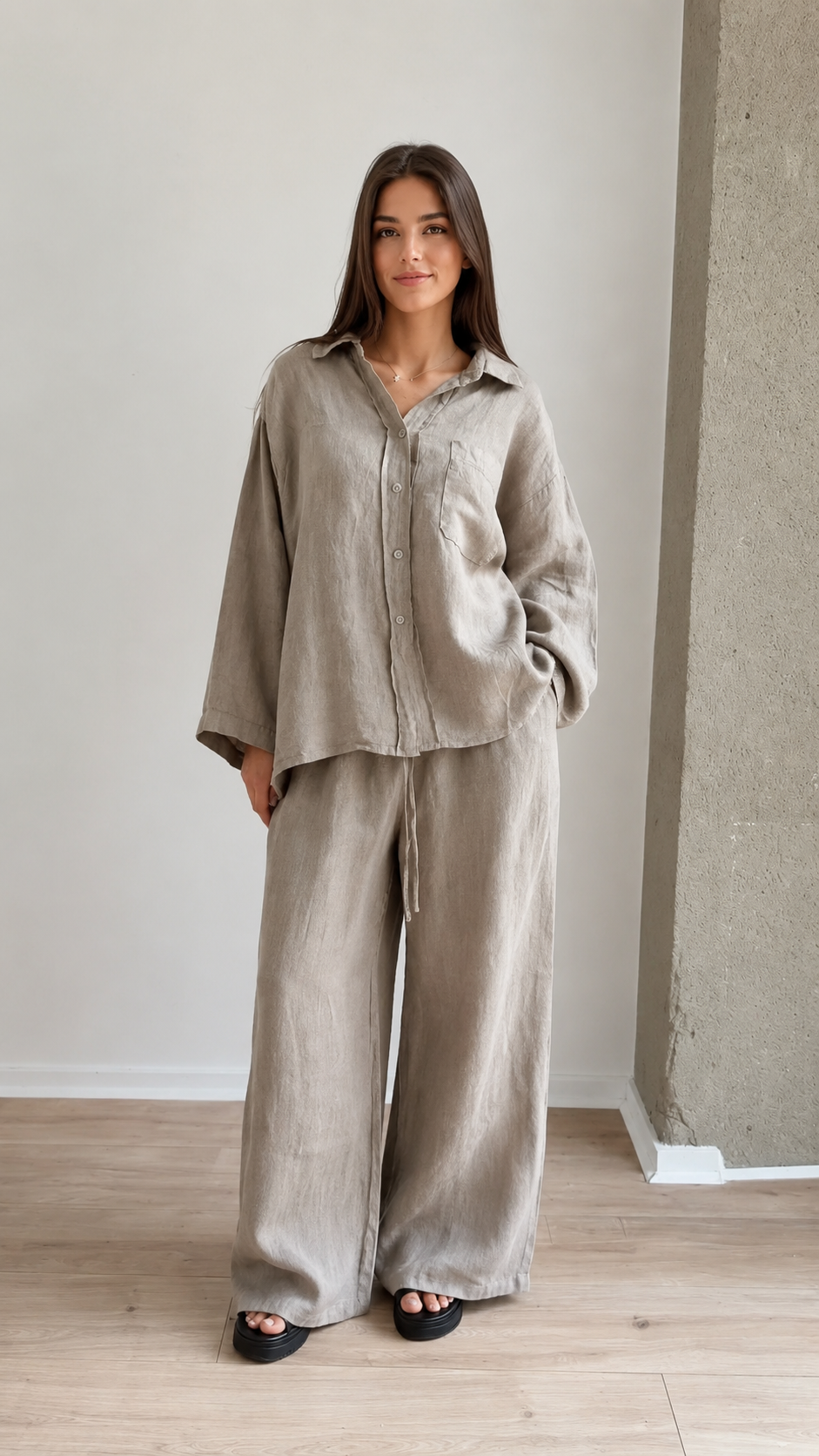 Women's Linen Blend Relaxed Shirt & Wide Leg Pants Set