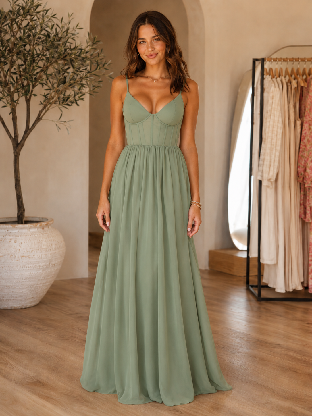 corset-inspired chiffon maxi dress