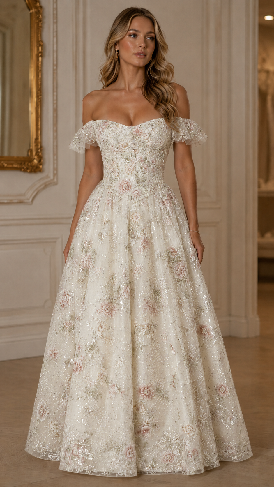 Floral Sequin Off Shoulder Ball Gown