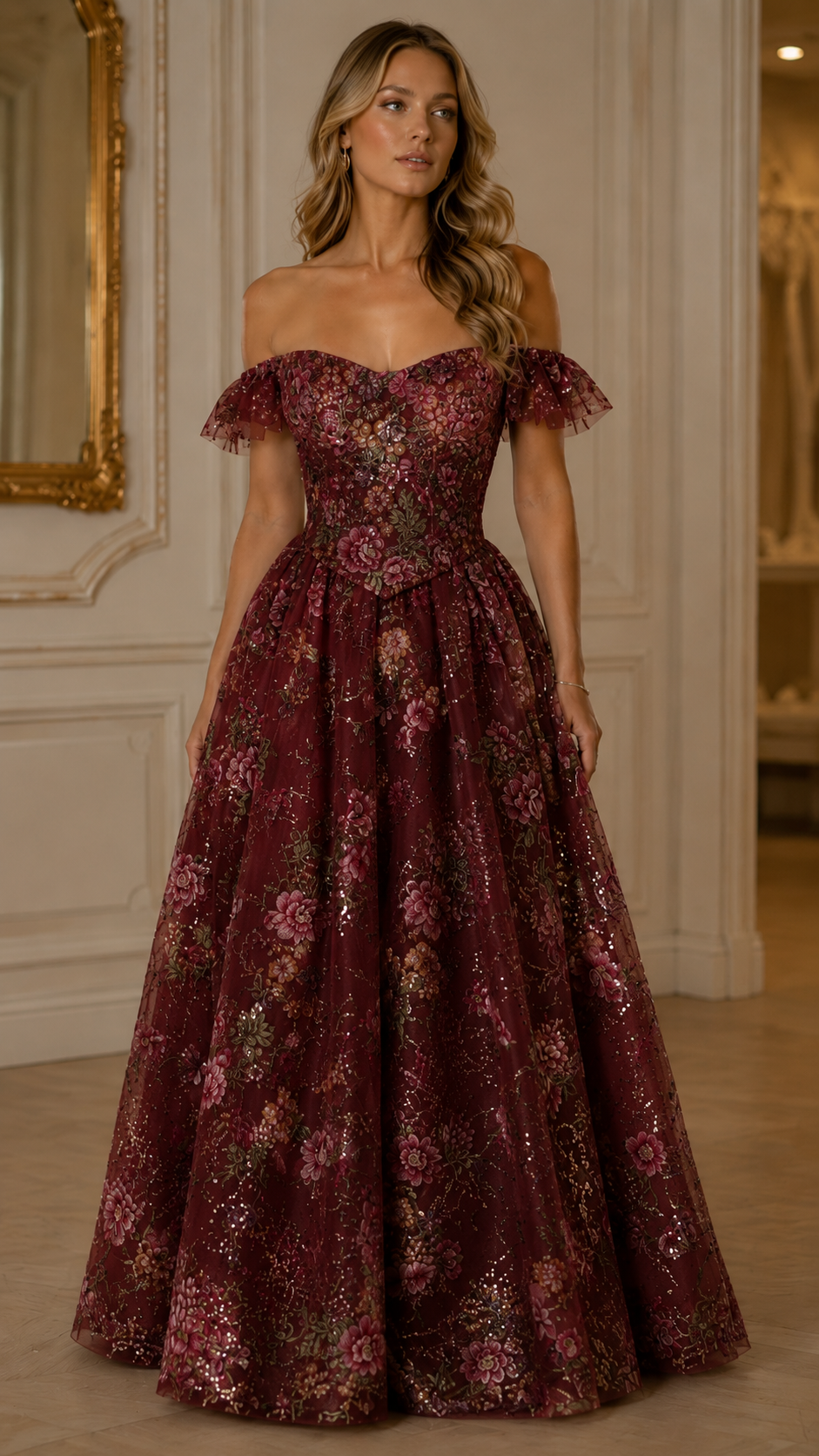 Floral Sequin Off Shoulder Ball Gown