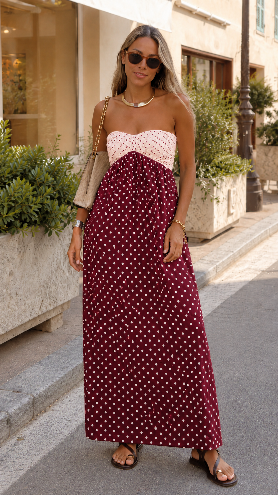 Polka Dot Strapless Maxi Dress