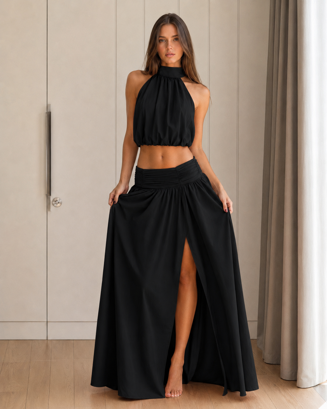 halter crop top and maxi skirt two-piece set
