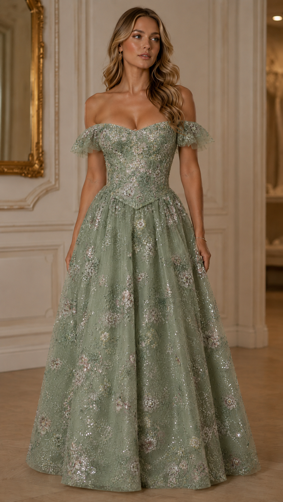 Floral Sequin Off Shoulder Ball Gown