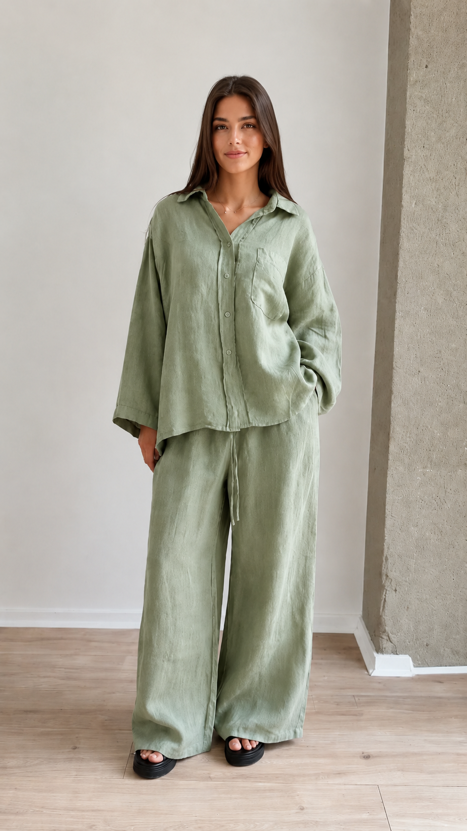 Women's Linen Blend Relaxed Shirt & Wide Leg Pants Set
