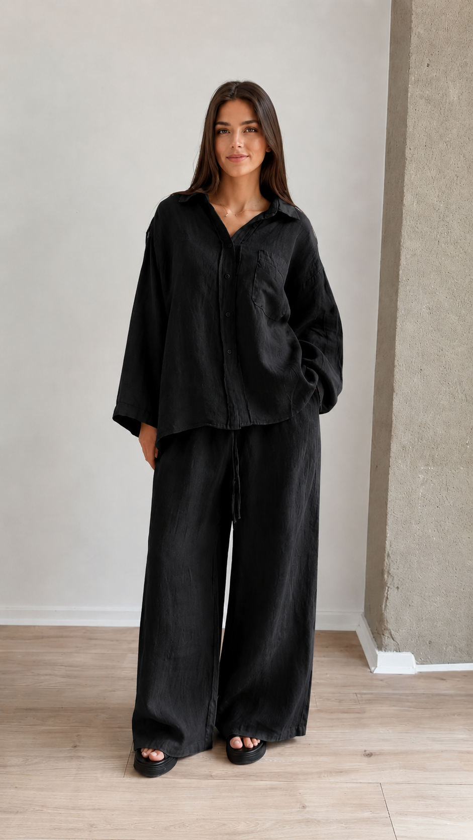 Women's Linen Blend Relaxed Shirt & Wide Leg Pants Set
