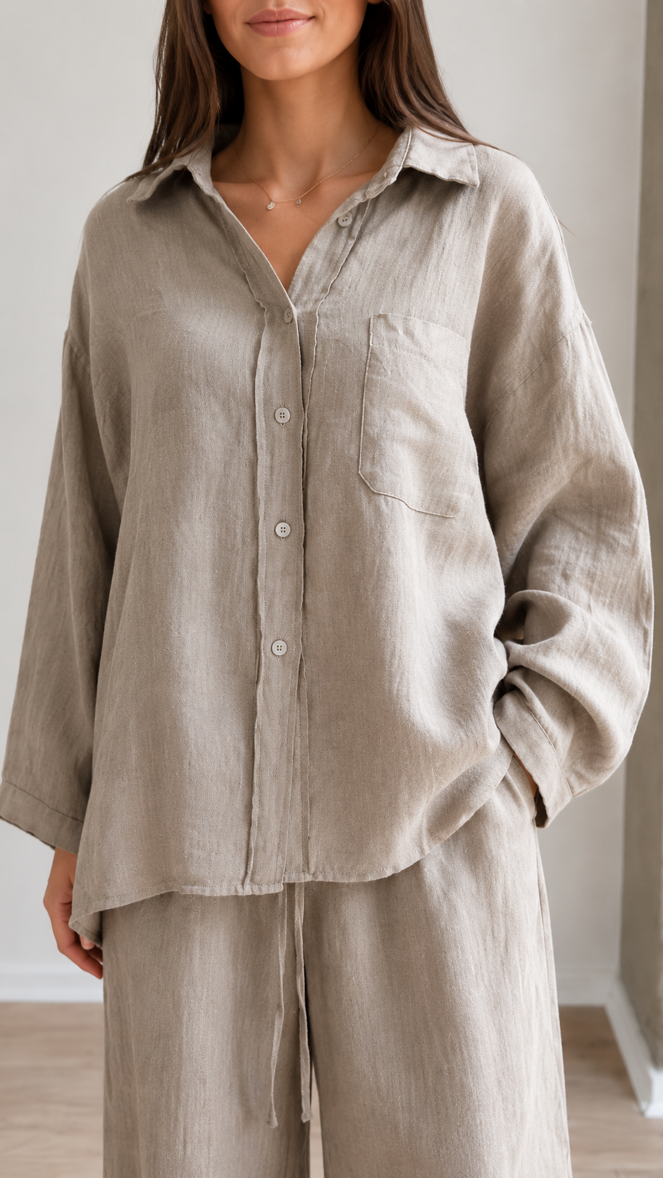 Women's Linen Blend Relaxed Shirt & Wide Leg Pants Set