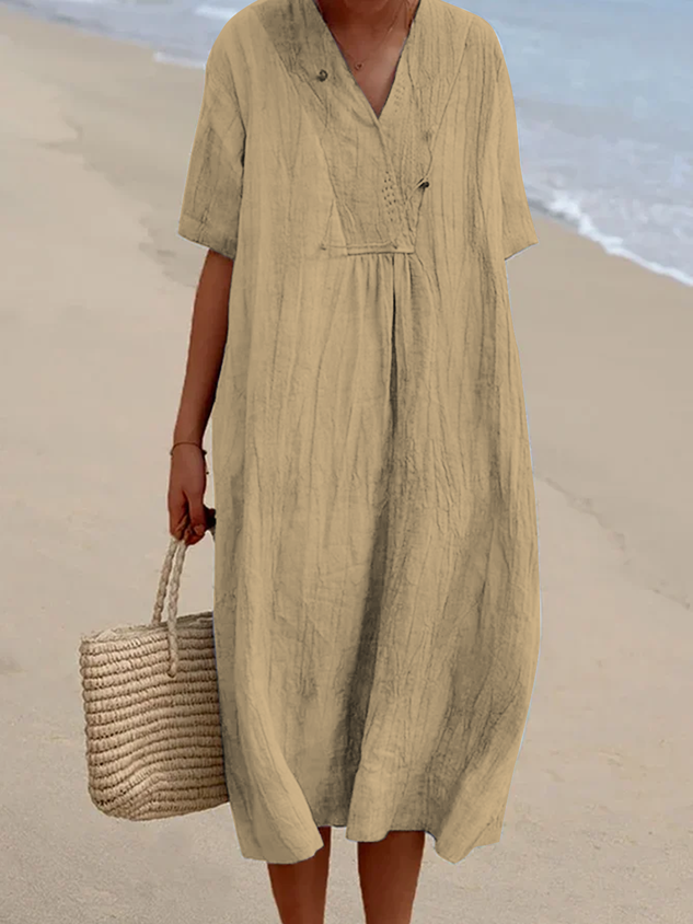 Women Summer Vacation V Neck Loose Plain Cotton And Linen Short sleeve Dress