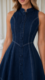 Denim Stand Collar Button Front A-Line Mini Dress