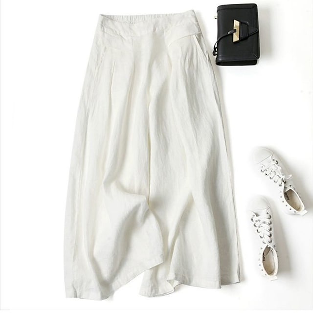 Women's Culottes Wide Leg Pants Trousers 100% Cotton Black White Yellow High Waist Casual Lounge Casual Daily Holiday Pocket Full Length Comfort Plain M L XL XXL 3XL