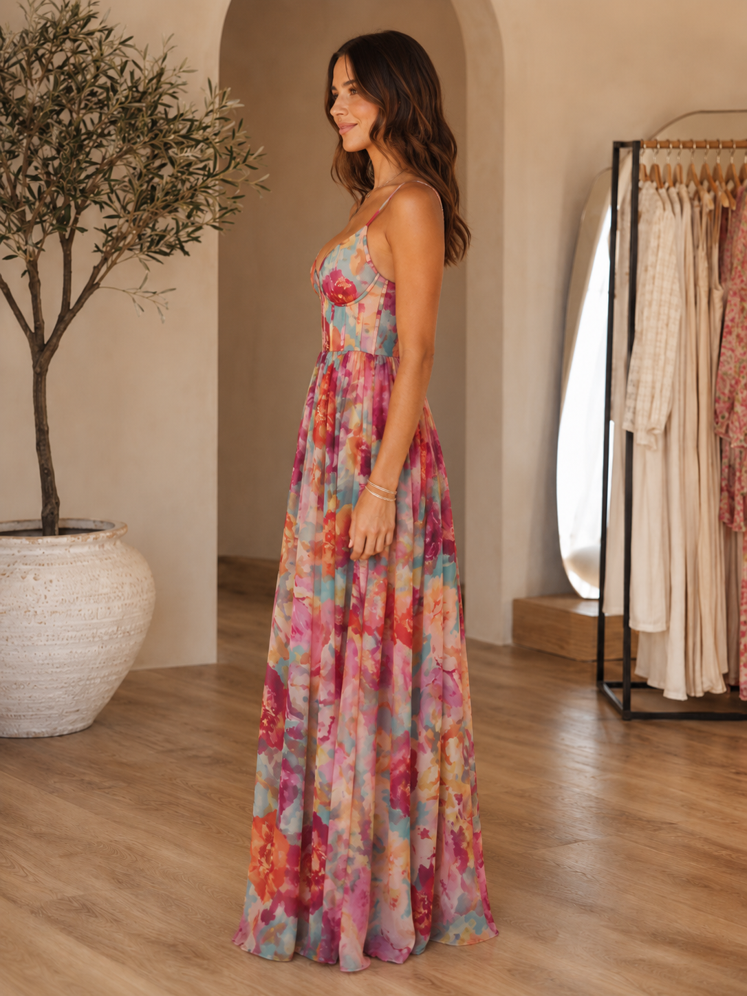 corset-inspired chiffon maxi dress