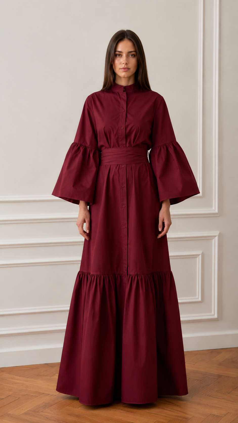 Women's Elegant Mandarin Collar Bell Sleeve Maxi Dress