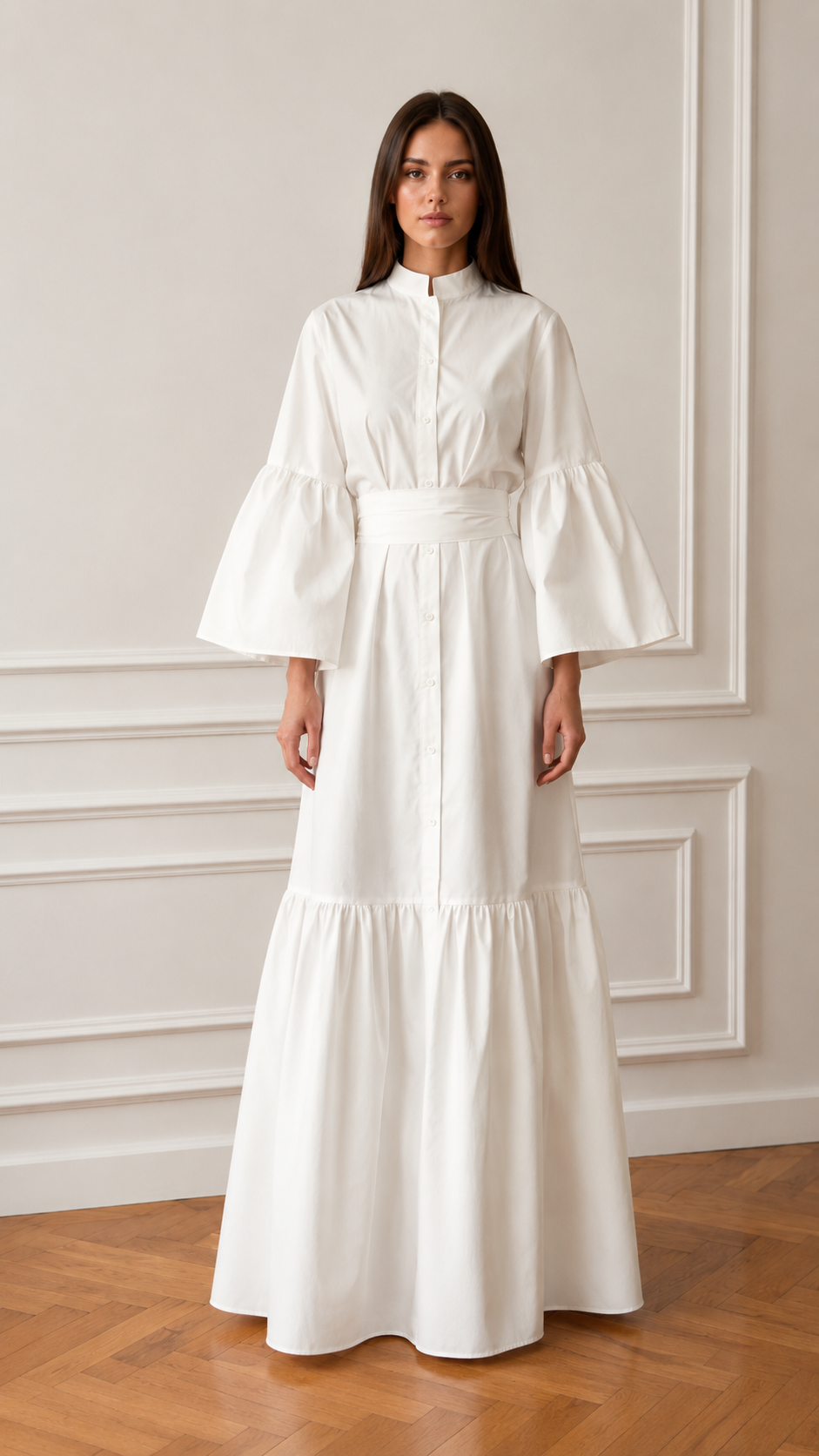Women's Elegant Mandarin Collar Bell Sleeve Maxi Dress