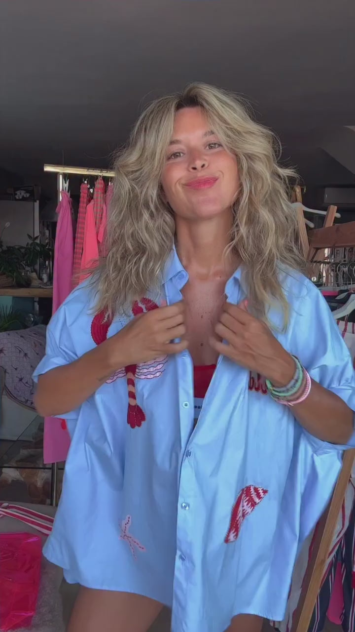 Lobster Embroidery Oversized Shirt Dress